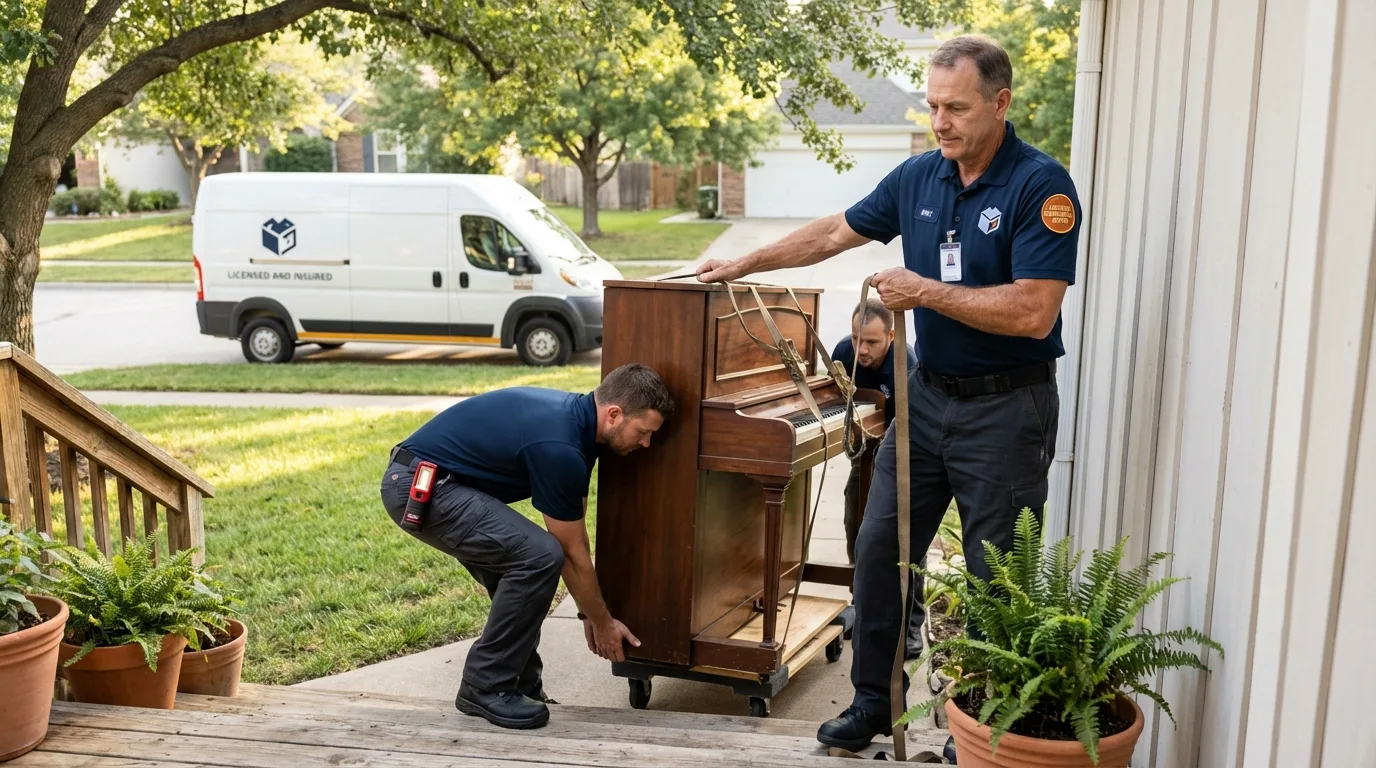 Licensed piano movers securing grand piano in West Boylston, MA