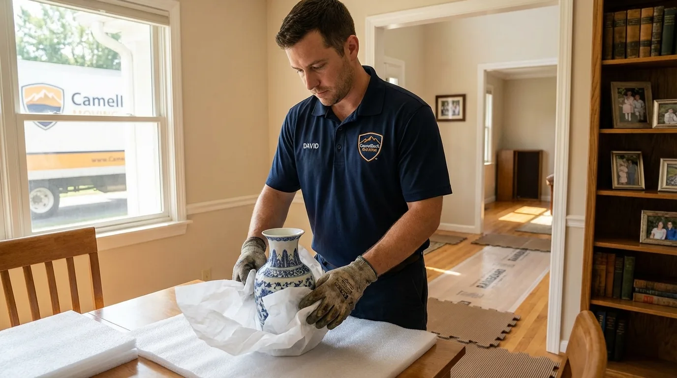 Professional crew carefully wrapping antique vase for senior downsizing move in West Boylston, MA