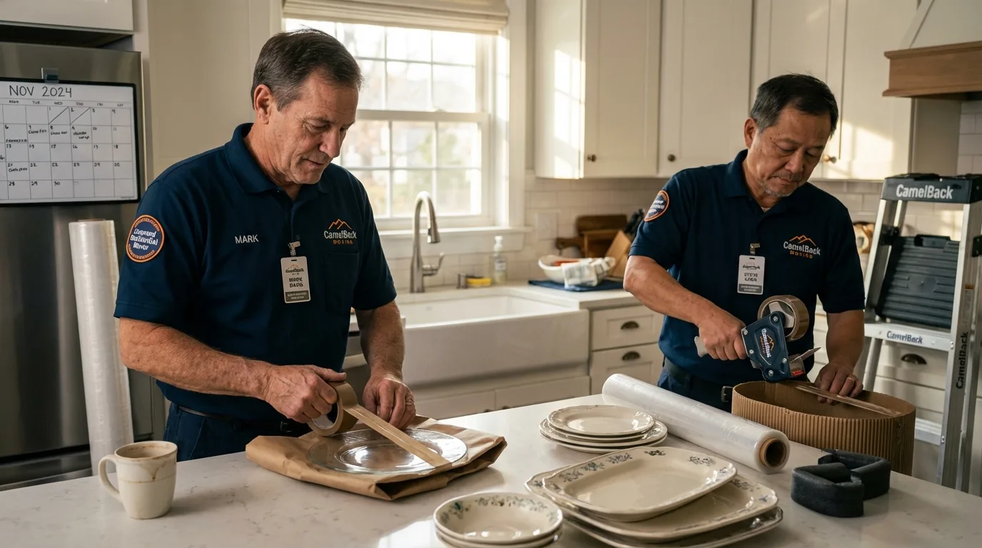 Professional crew packing kitchen dishware in West Boylston, MA